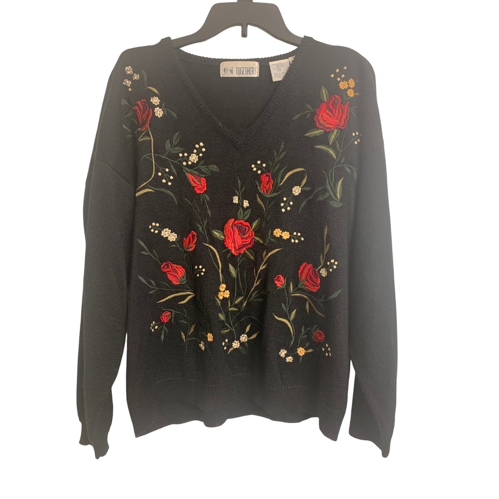 Together! Vintage Black Floral Embroidered V-Neck Sweater Rose Wool Blend XL